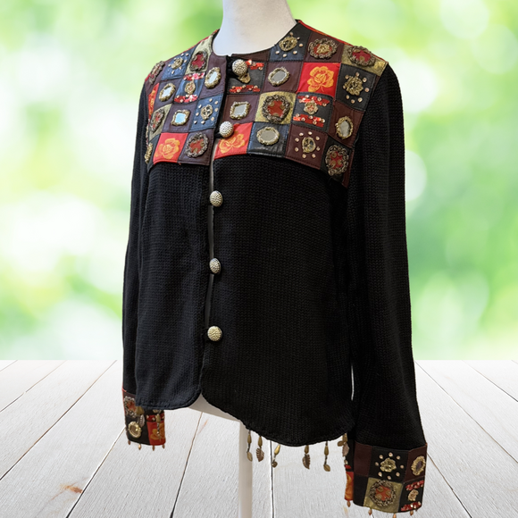 Sandy Starkman Sweaters - Vintage SANDY STARKMAN Jacket Leather Patchwork Embellished Artwear Black Size S